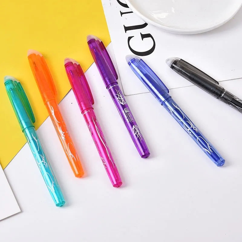 Heat-erasable gel pens with plastic shells and stainless steel nibs in multiple colours for office use