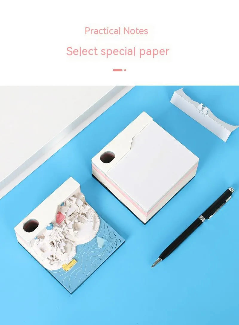 Romantic Santorini 3D notepad paper carving building model with lighting on desk