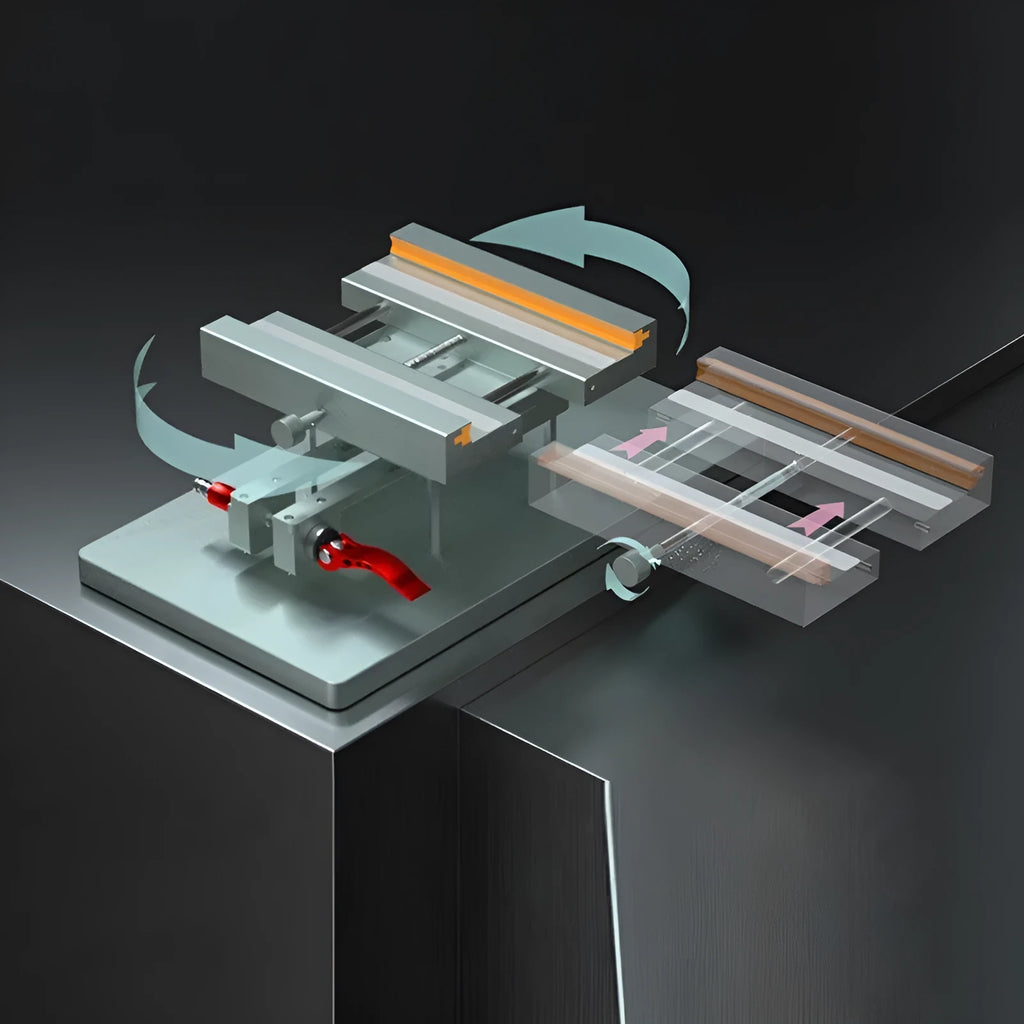 Mobile phone repair clamping fixture with silicone grips and a demolition crowbar tool.