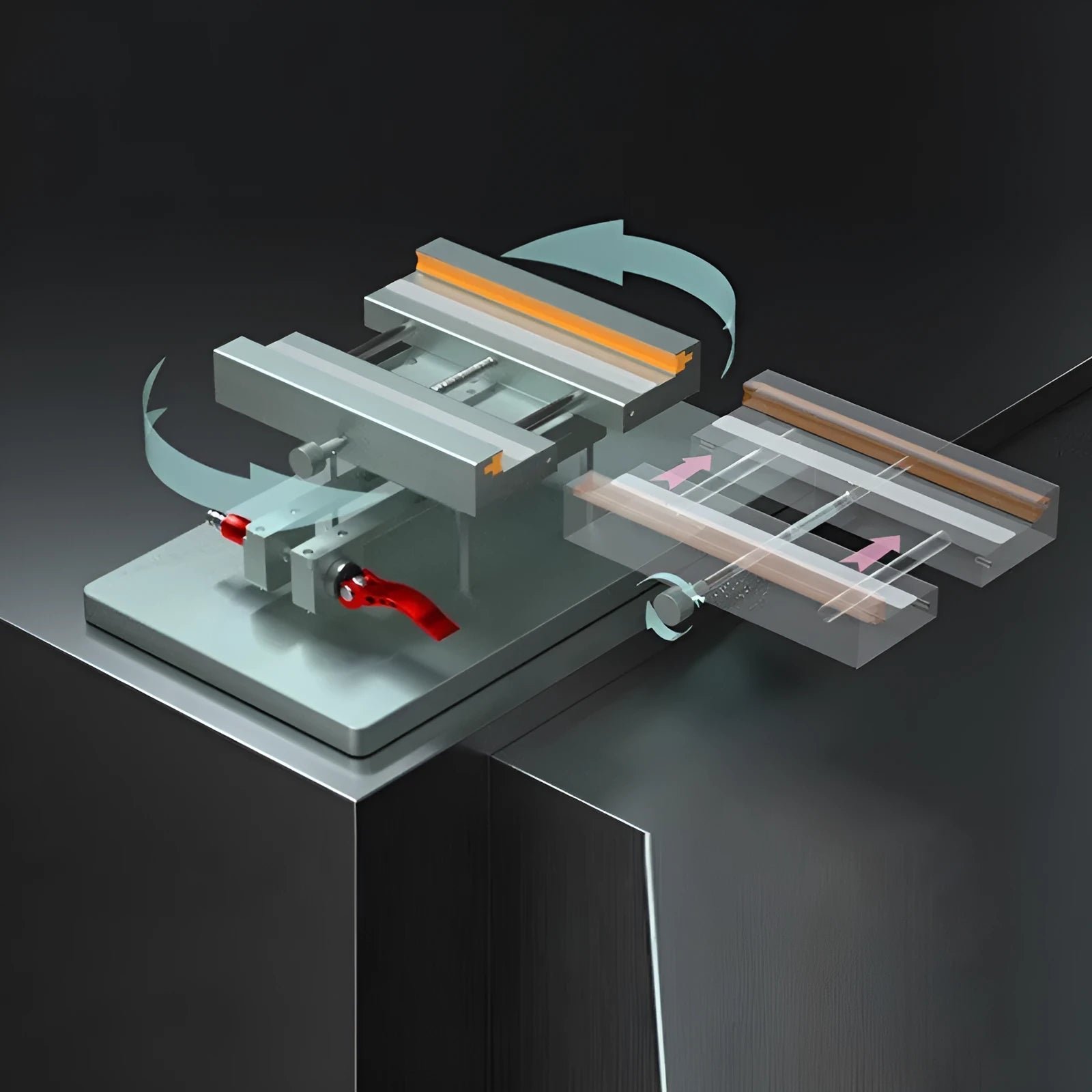 Mobile phone repair clamping fixture with silicone grips and a demolition crowbar tool.