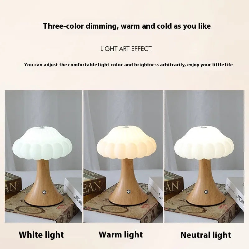 Mushroom-shaped USB rechargeable touch lamp in wood grain finish on table