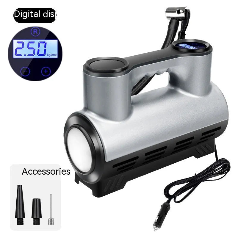 12V portable car tyre inflator with digital display and ABS housing alongside three air nozzles