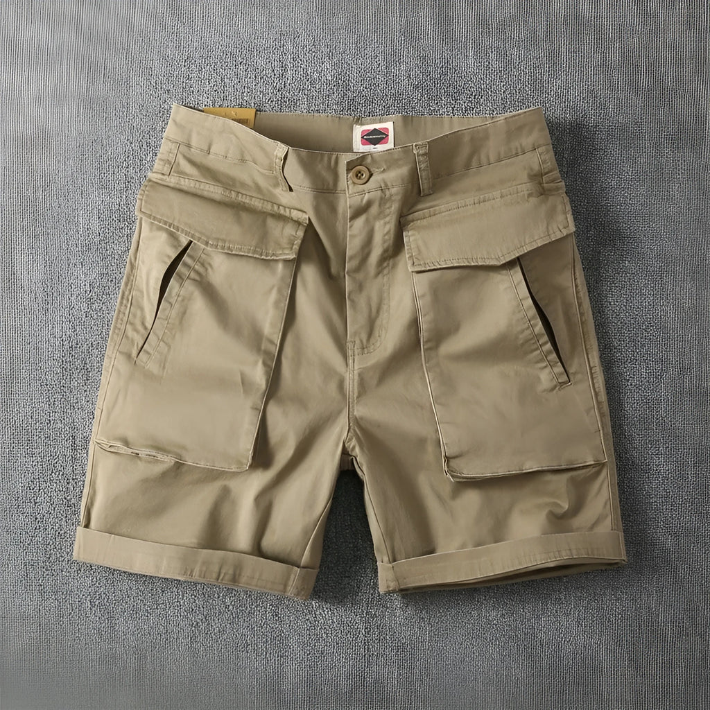 Men's Army Green stretch cotton cargo shorts with multiple pockets on a straight leg.