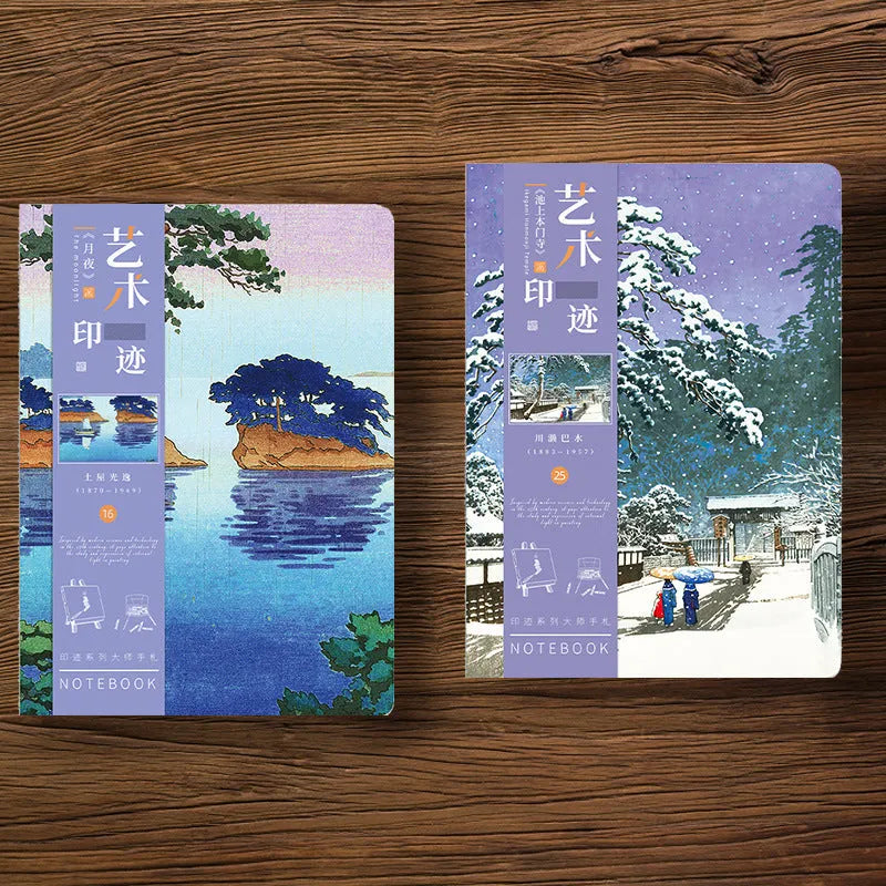 Ukiyo-e series hand ledger notebook with Japanese woodblock print cover, open on a table.