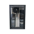 Boxed set of hair building fibre powder, styling spray and nozzle for volumising thin hair.