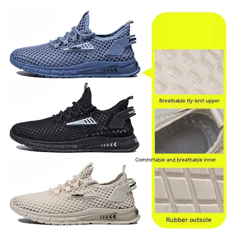 Men's beige mesh sneakers with synthetic leather upper and lace-up front