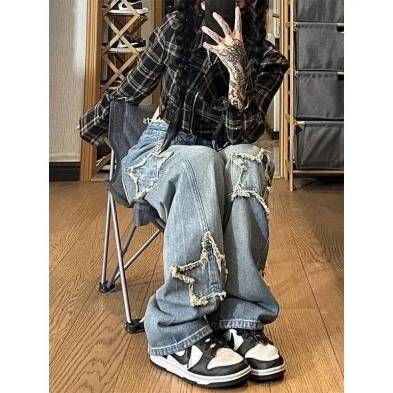 Blue high waist wide-leg women's jeans with straight-leg cut on cotton denim fabric