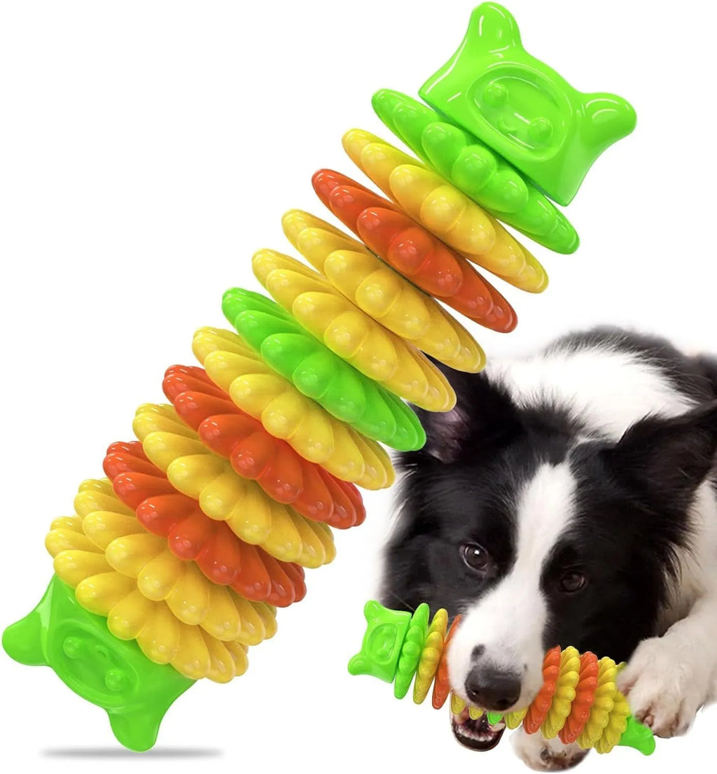Blue caterpillar-shaped dog chew toy made from natural rubber for aggressive chewers