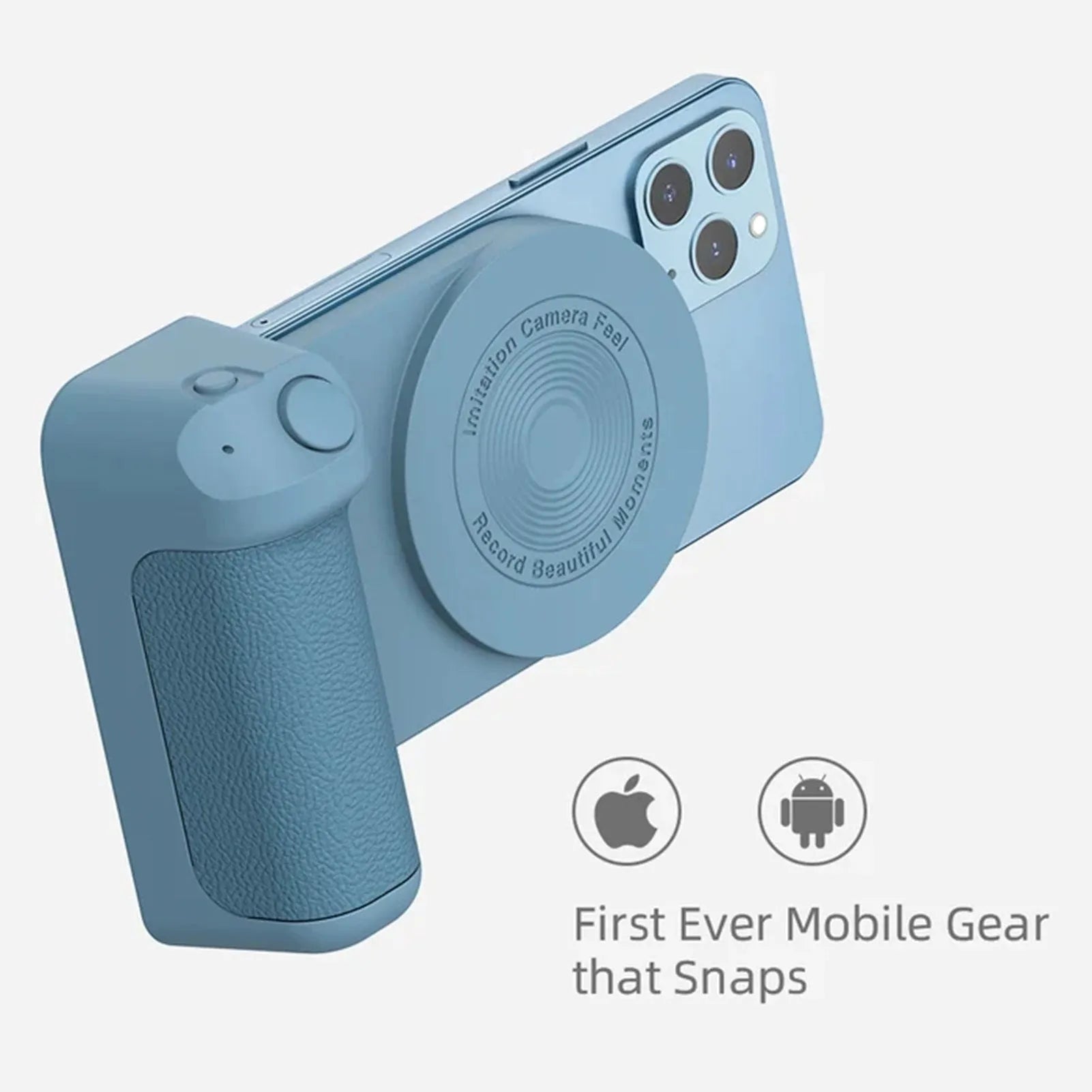 Black magnetic camera phone holder with rotatable tilt mechanism and ergonomic PU leather grip
