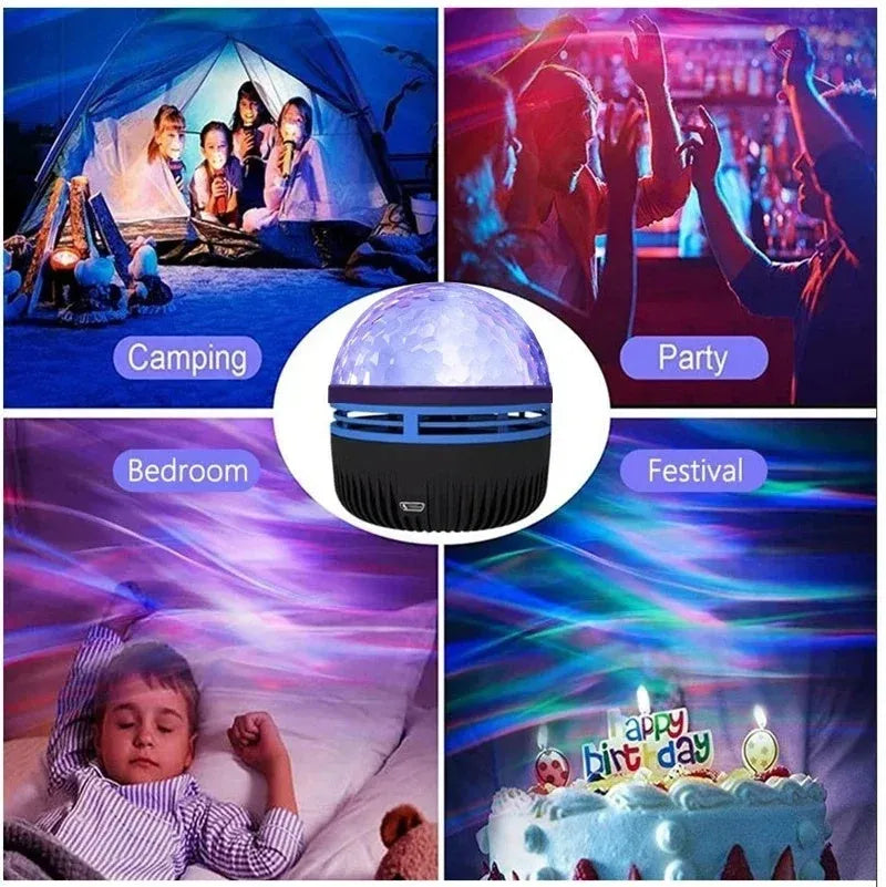 LED galaxy projector lamp with rotating star patterns and USB power cable