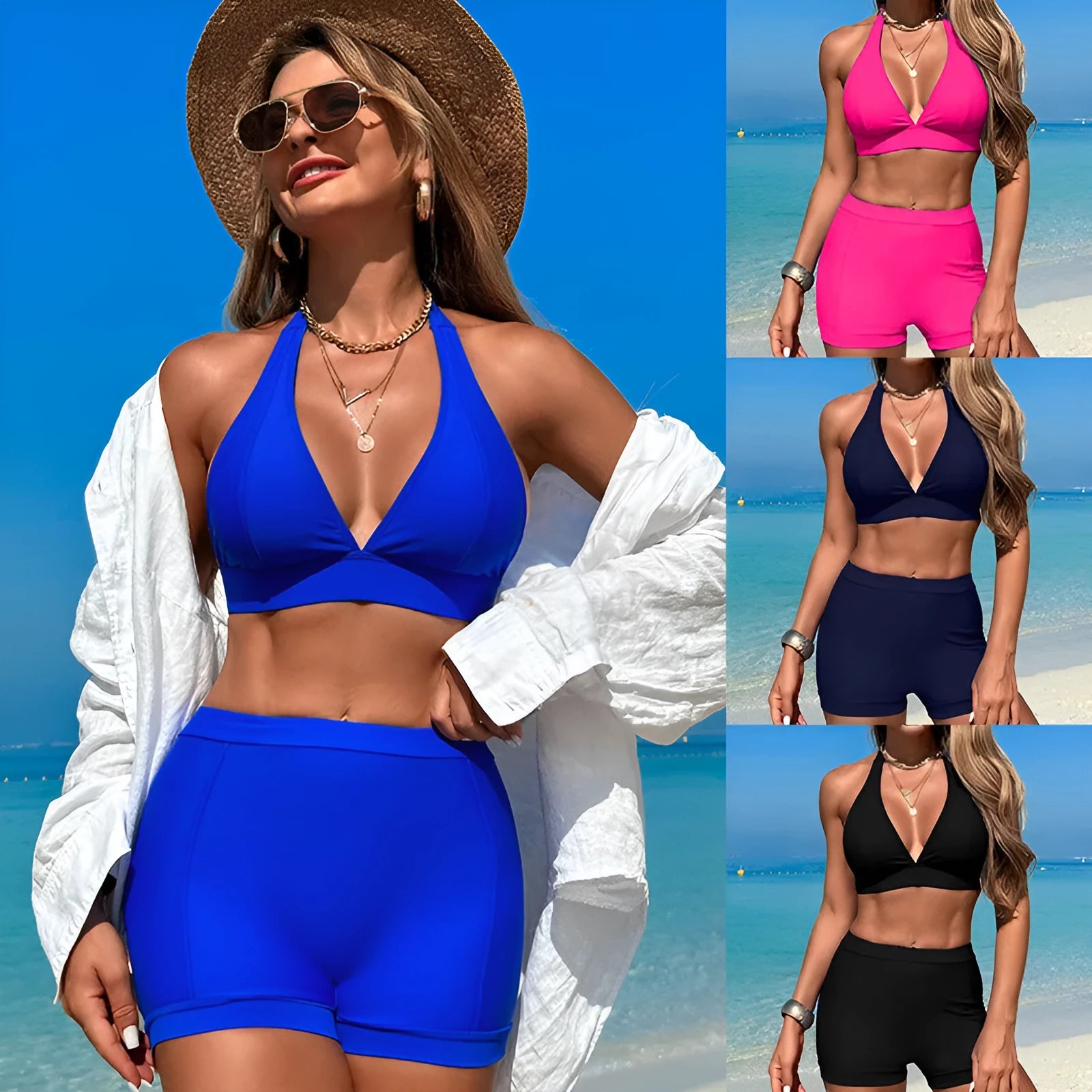 Women's sleeveless nylon bikini in black, pink, purplish blue, or sapphire blue for swimming and hot springs.
