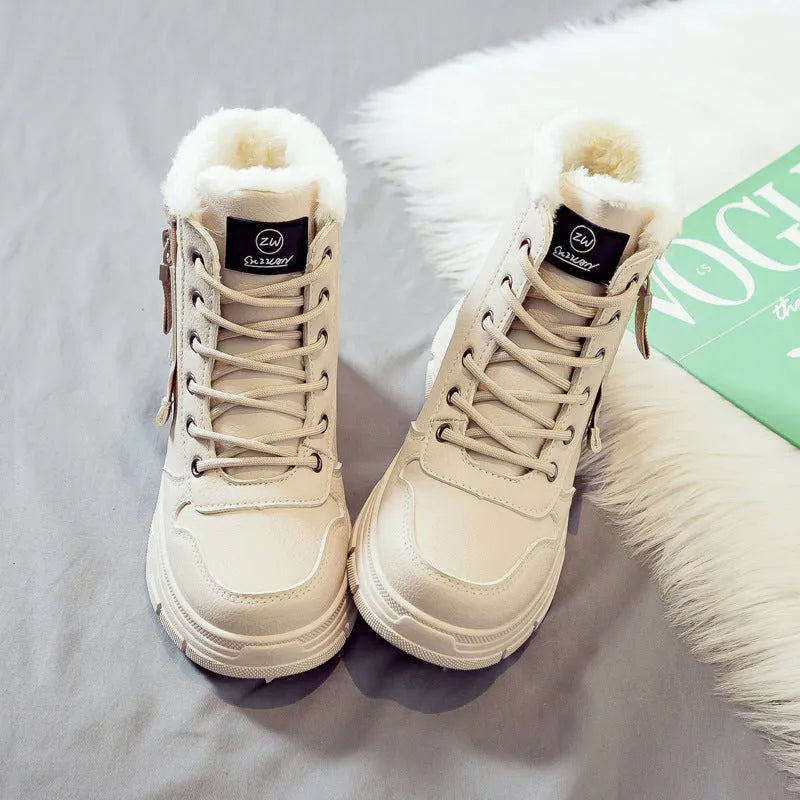 Women's tall black plus size snow boots with lace-up front and fleece lining on a white background