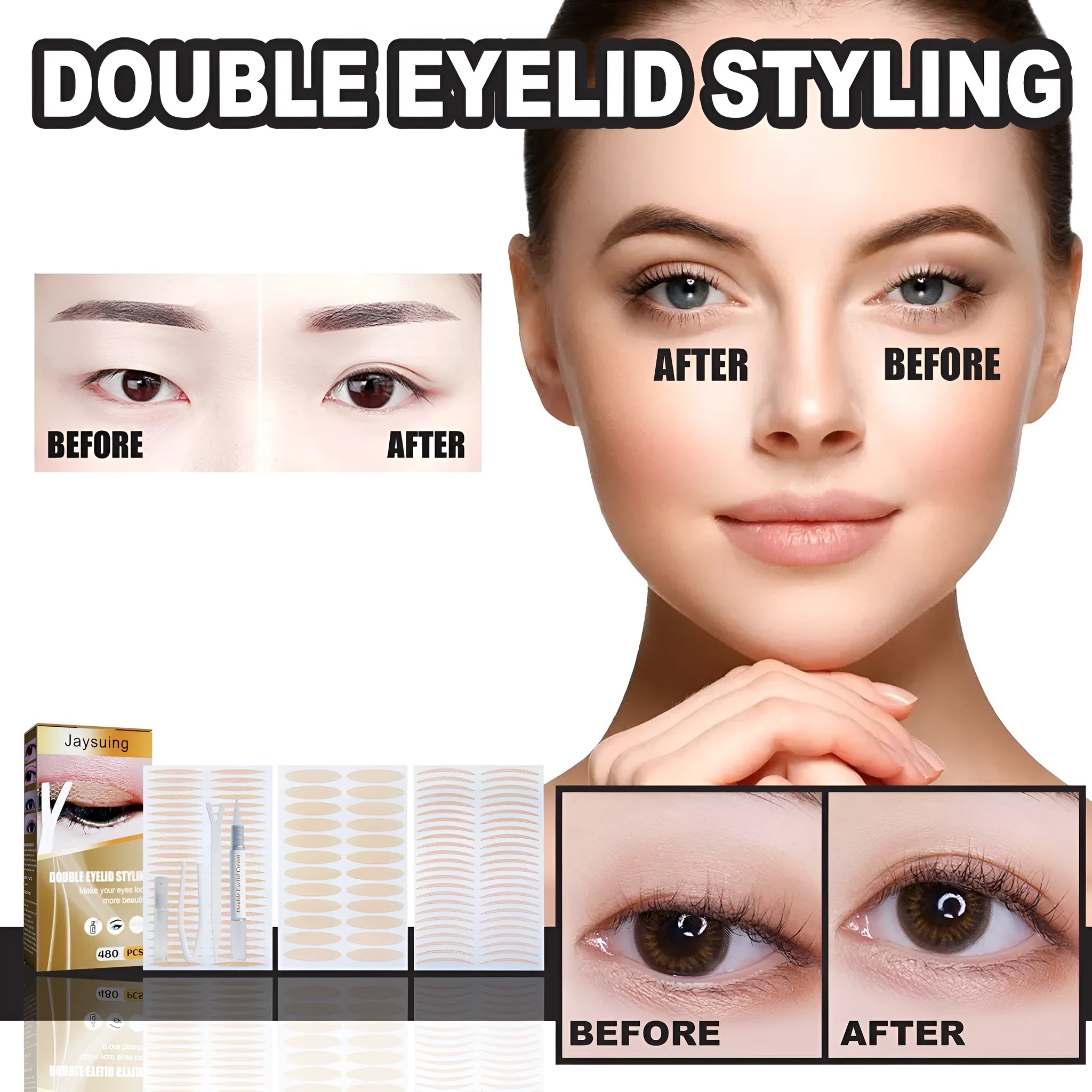 Double eyelid sticker set with 12 sheets of 480 invisible stickers and application tools
