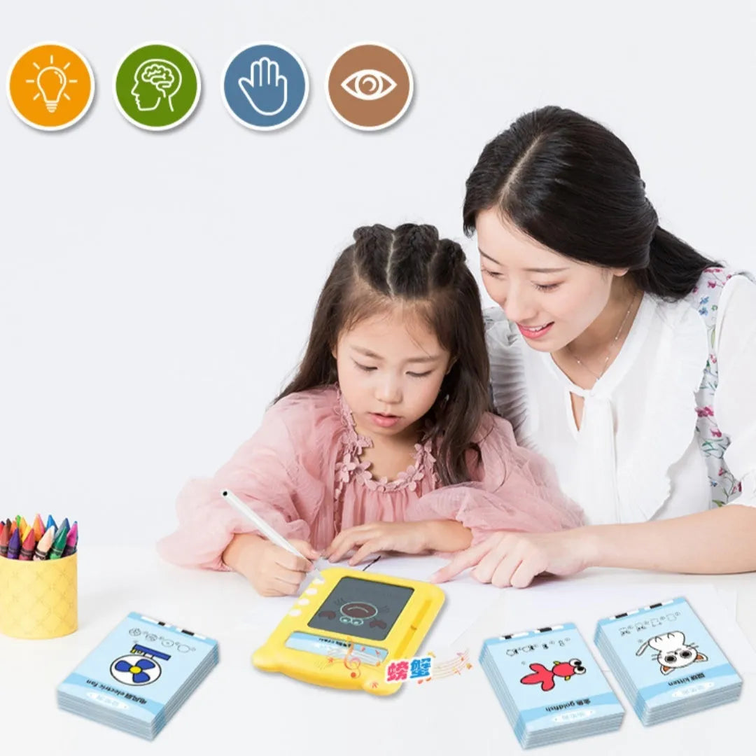 Yellow bilingual early learning machine with educational cards for emotion and hearing training