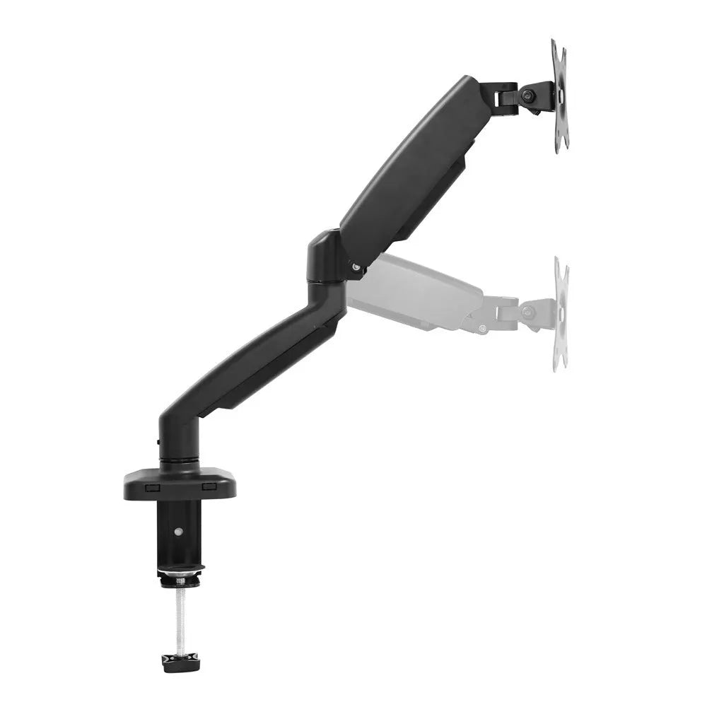 Black rotating telescopic LCD screen bracket elevating a monitor on a desk.