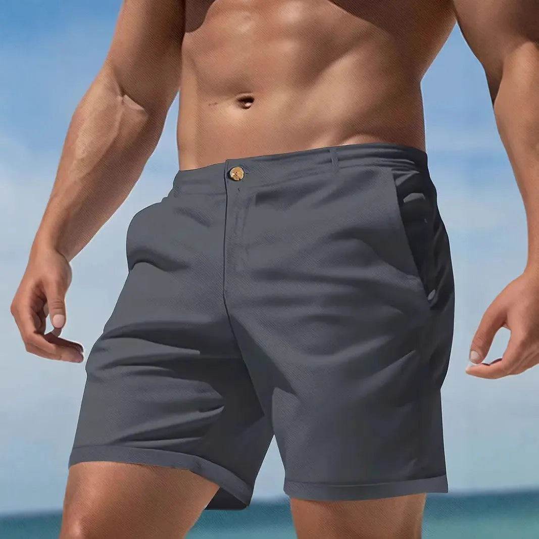 Men's straight-leg cotton blend casual shorts in black, white, grey, and sky blue colours