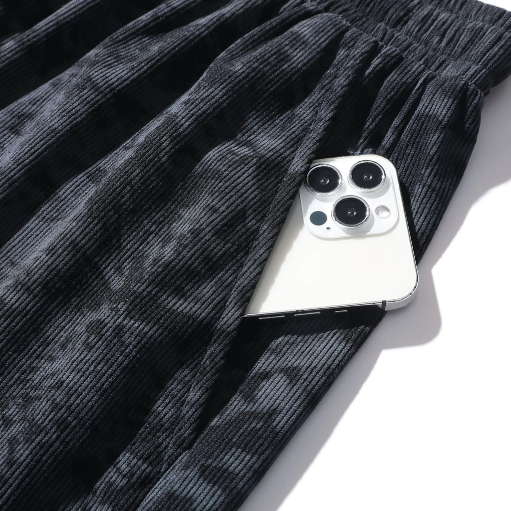 Men's grey camouflage print corduroy athletic shorts with a high waist and straight leg