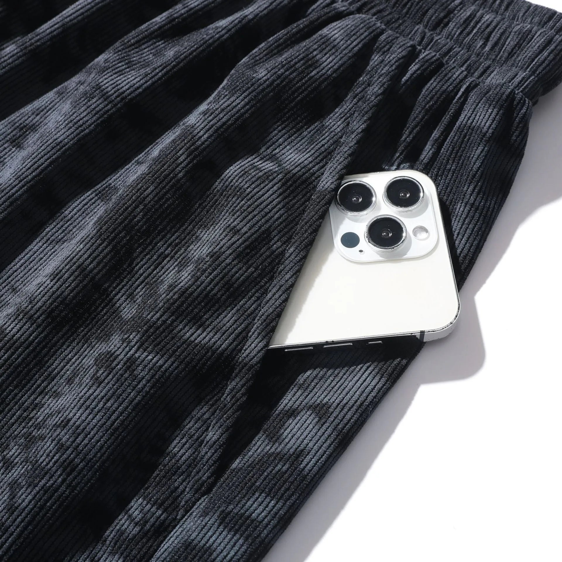 Men's grey camouflage print corduroy athletic shorts with a high waist and straight leg