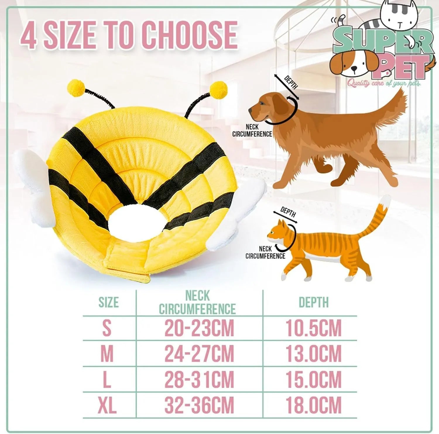 Soft white cat cone collar with a black and yellow bee design and Velcro closure.