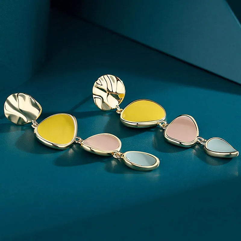 Sterling silver alloy earrings with Morandi three-colour oil drip finish on wafer disc design