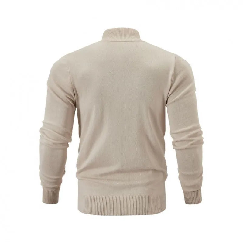 Men's stand collar casual sports sweater with front zipper in a solid colour.