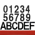 Black stainless steel house number characters showing letters A-F and numbers 0-9 with adhesive backing