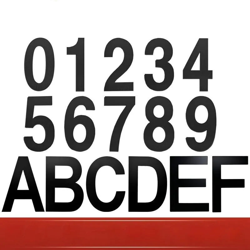 Black stainless steel house number characters showing letters A-F and numbers 0-9 with adhesive backing