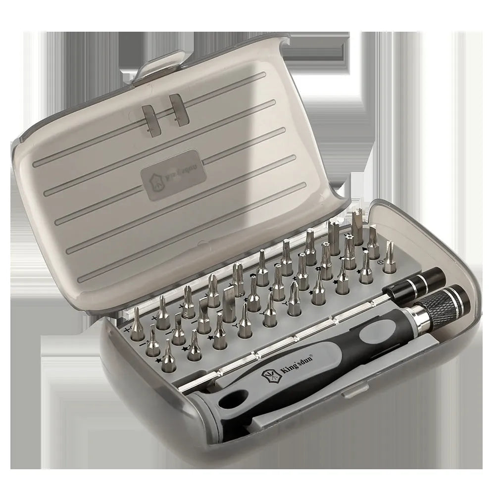 32-in-1 screwdriver set with bits stored in a black plastic case, showing the PP handle and CRV steel bits.