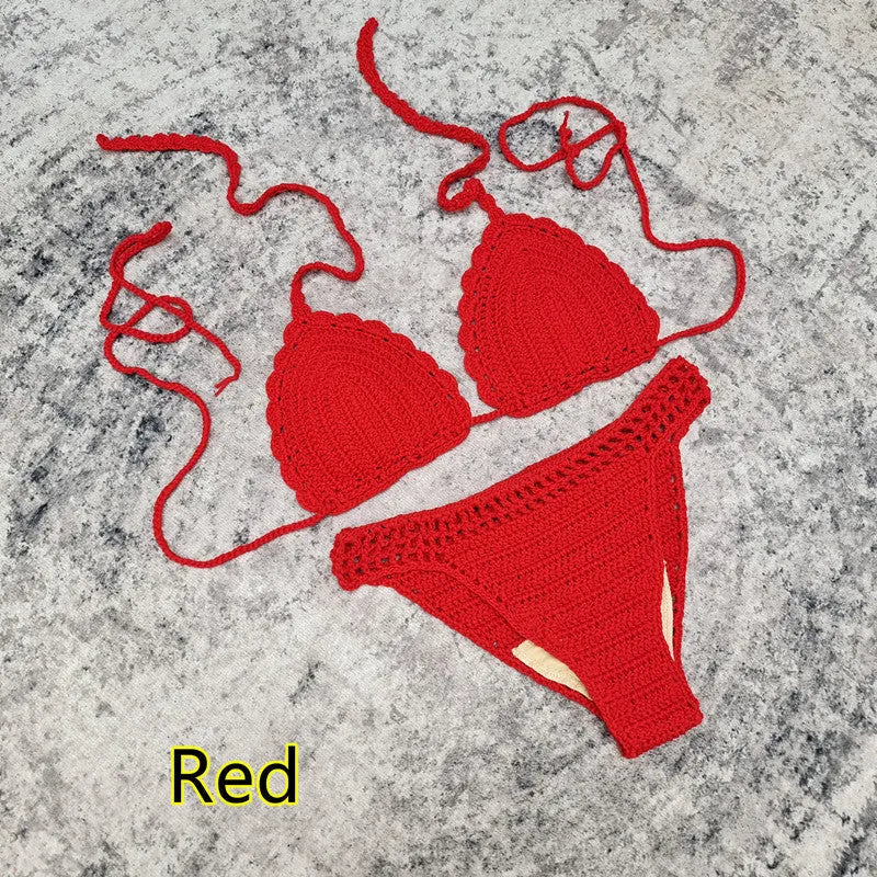Women's 3-piece handmade crochet bikini set with nylon lining in solid colour options for beach and swimming.