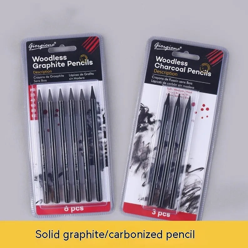 Carbonized Pencil Suit showing six graphite pencils and three carbonized pencils on wooden casing with suction card packaging