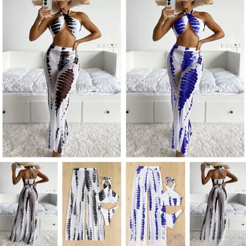 Adult female three-piece bikini swimsuit set with mesh trousers in black or blue printing.