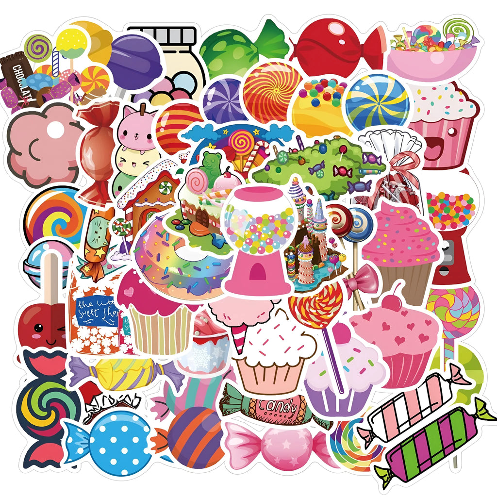 Candy series colourful graffiti cartoon stickers pack with 50 adhesive sheets in 4-6cm sizes