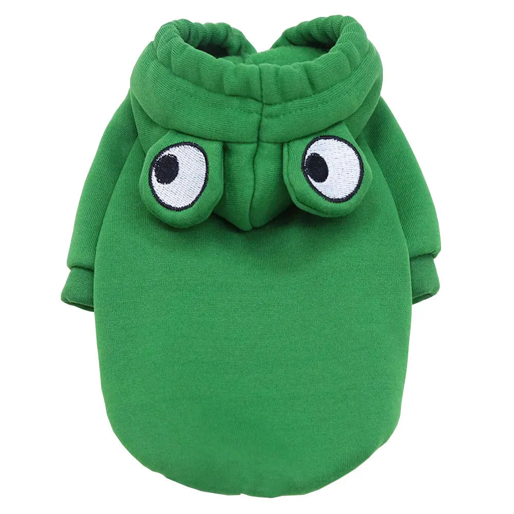 Green frog costume hoodie worn by a small dog, showing soft fabric and hood.