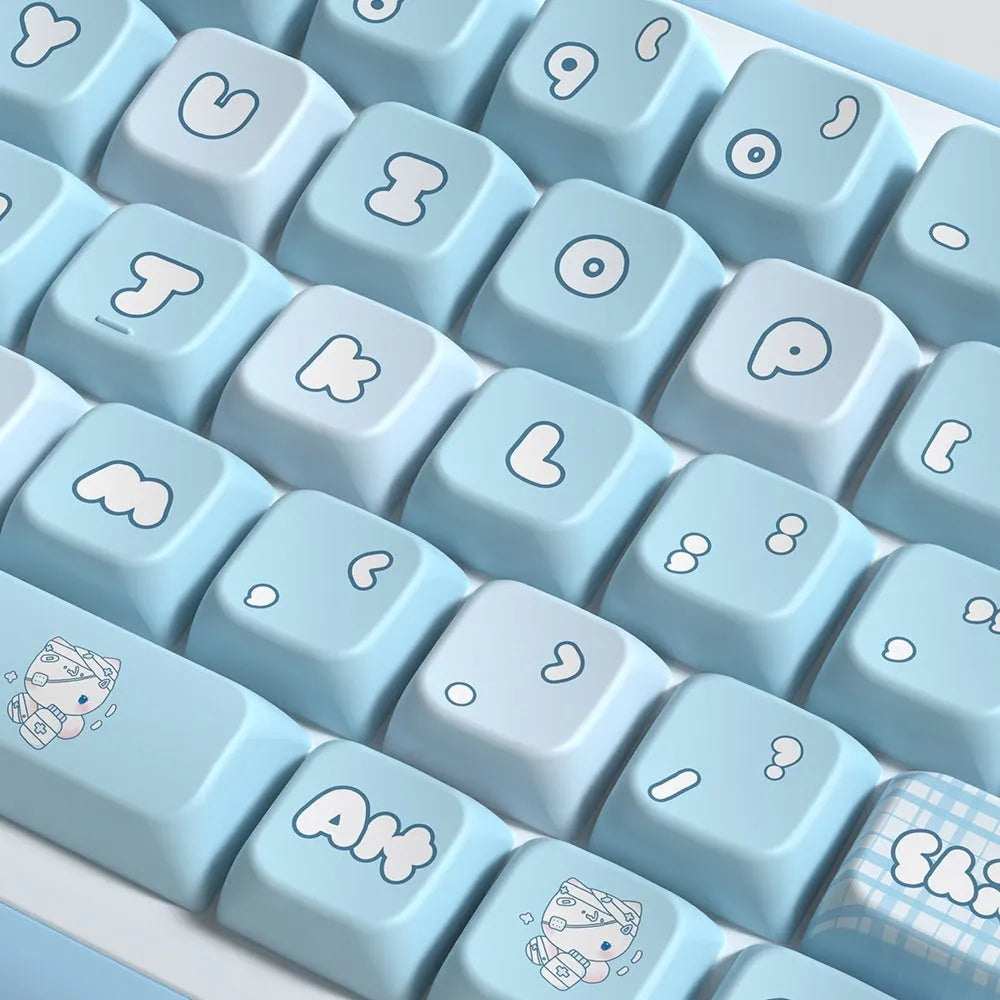 Watercolour cat design custom PTB keycap set for mechanical keyboards, showing 138 or 158 keys.