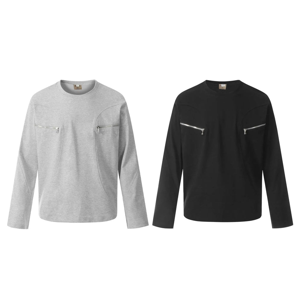 Men's retro American style cotton long sleeve T-shirt in loose fit, black and grey colour options