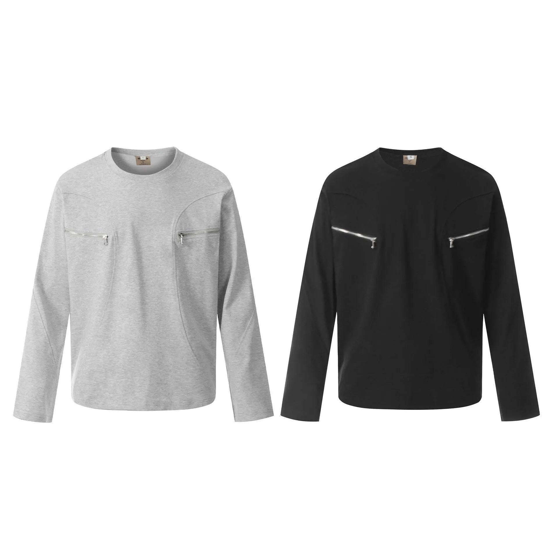 Men's retro American style cotton long sleeve T-shirt in loose fit, black and grey colour options