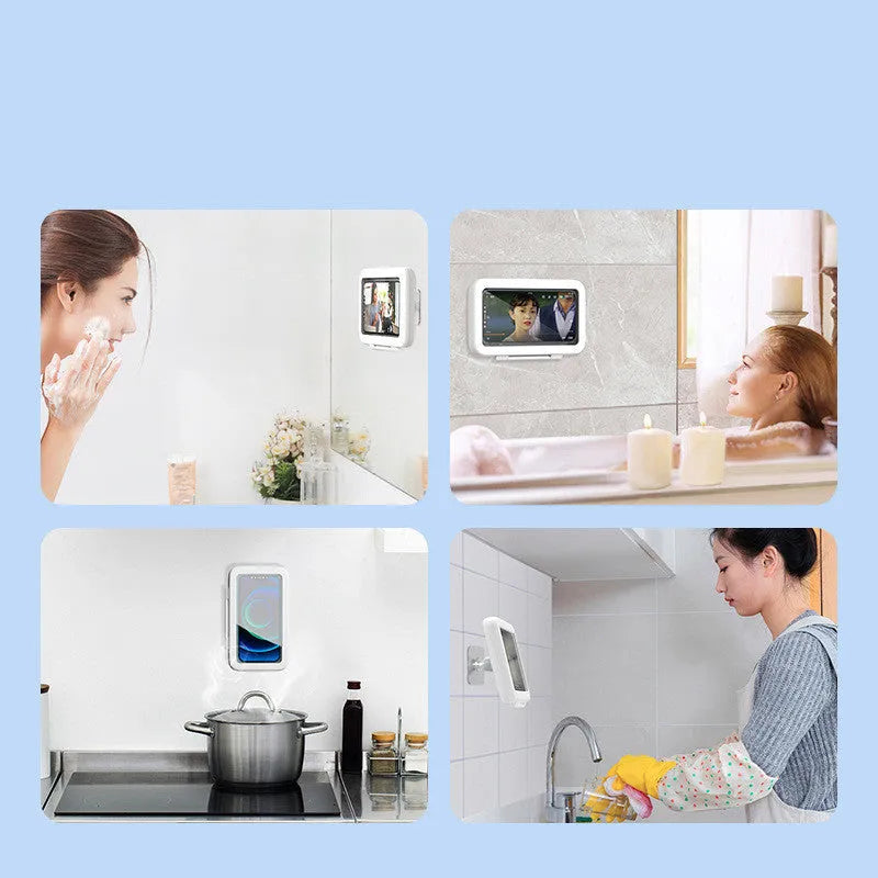 Waterproof phone holder mounted on bathroom tile showing phone inside with touch screen access