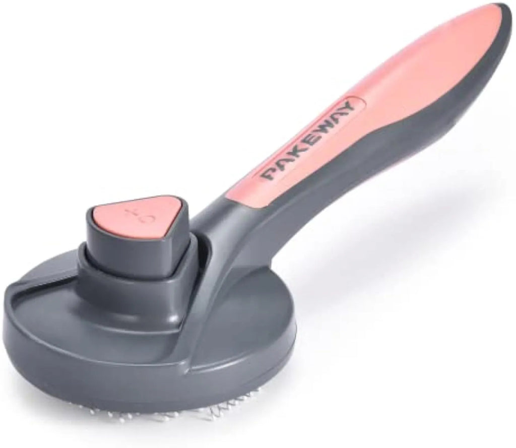 Grey self-cleaning slicker brush for pets with a one-click button and comfort-grip handle