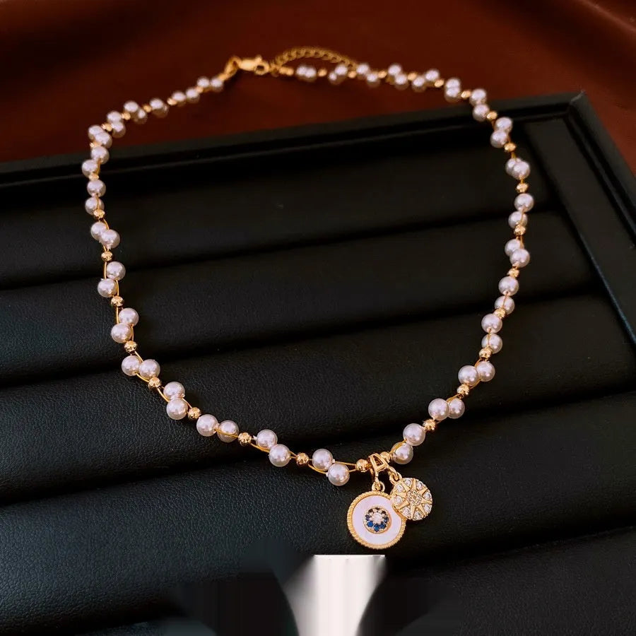 Real gold electroplated zircon pearl round pendant necklace on adjustable 41-50cm clavicle chain