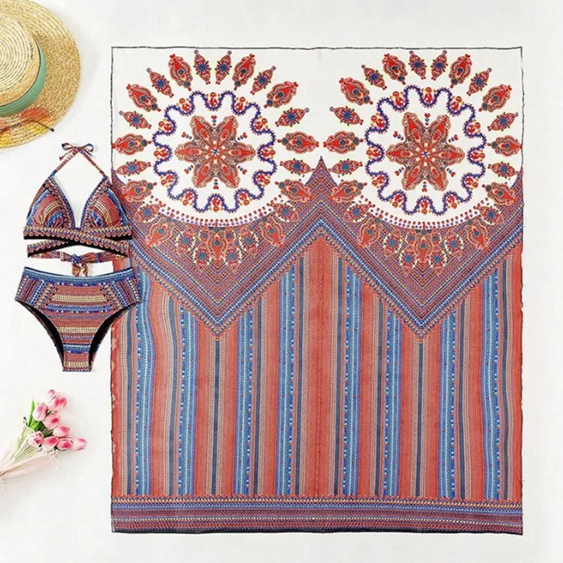 Cross-border Arrival women's three-piece swimsuit set showing high-waist bikini bottom, cutout blouse top, and coat.