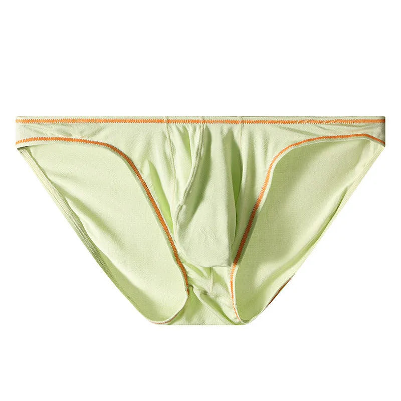 Men's ice silk modal hip-lift underwear shown in dark grey, colourful blue, pink, sky blue, and yellow green.