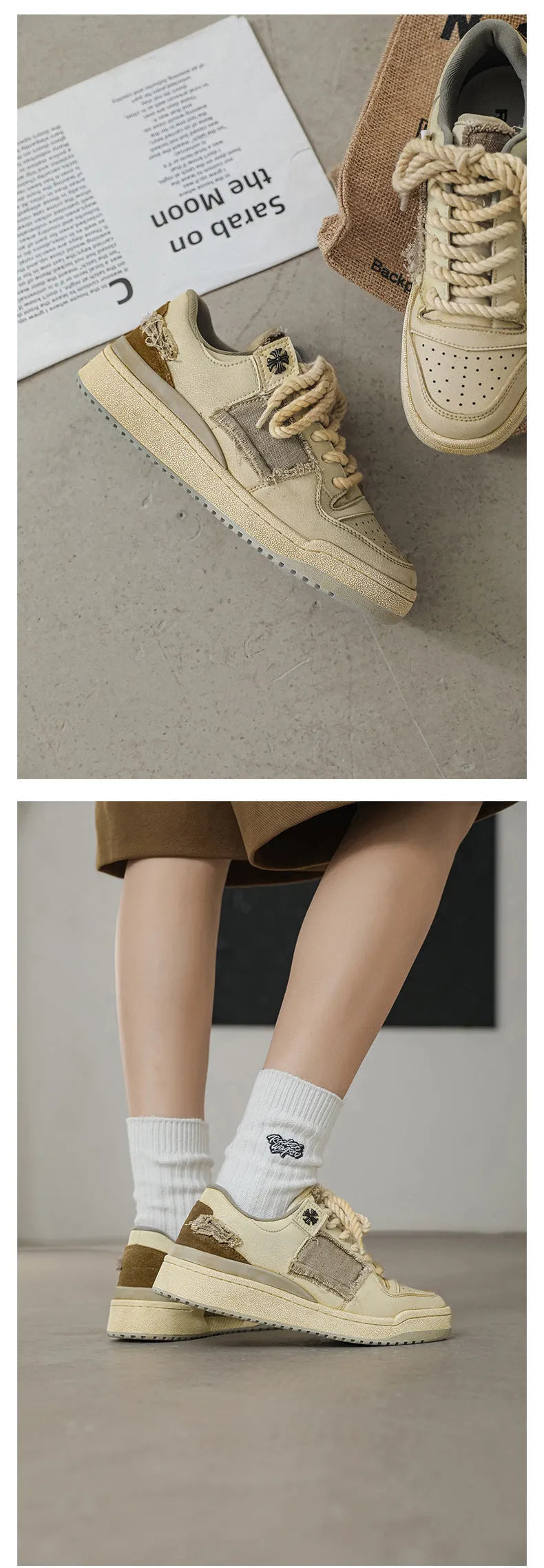 Beige low-top skateboard shoes with microfiber upper and rubber sole on white background