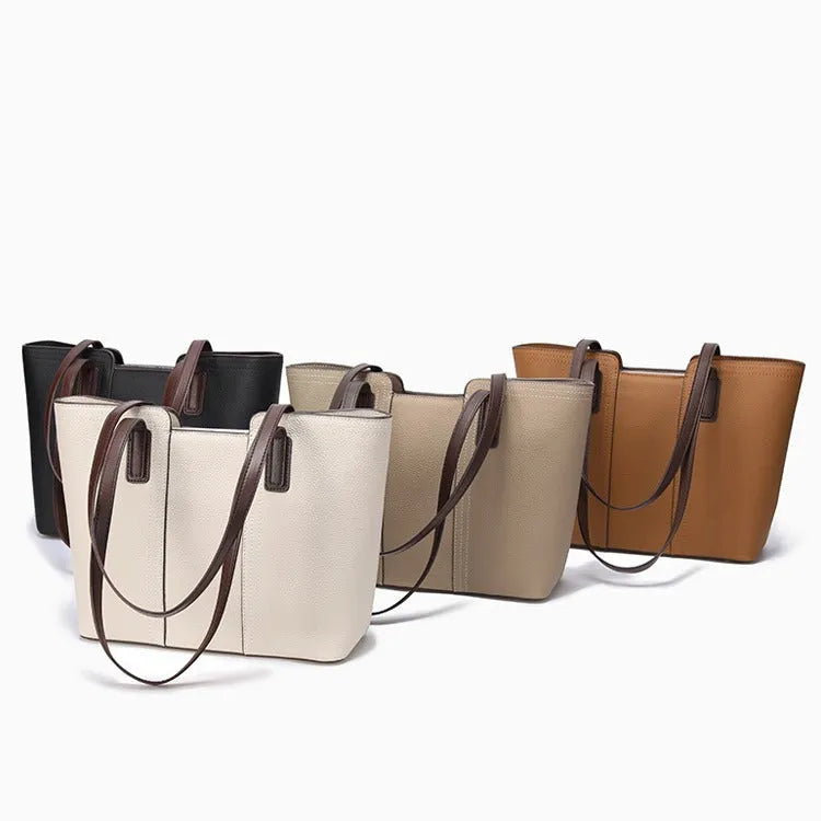 Women's genuine leather shoulder bag in box-type shape, shown in a choice of colours including khaki and black.
