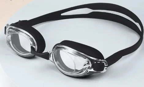 Black myopia swimming goggles with prescription lenses for vision correction while swimming