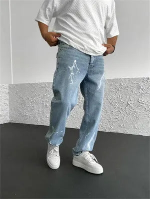 Men's blue straight-leg denim jeans with wide-leg silhouette and mid-waist design