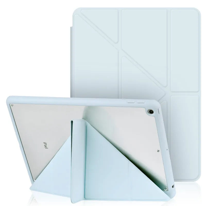 Acrylic Y-folding imitation leather iPad case in dark grey, showing stand mode and integrated pen slot.