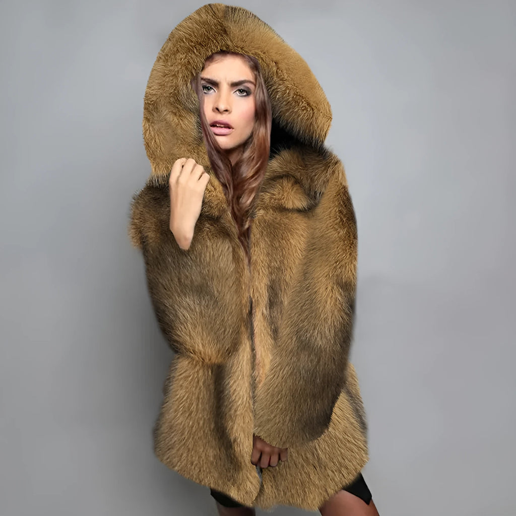 Women's silver grey artificial fur mid-length coat with loose fit and regular sleeves