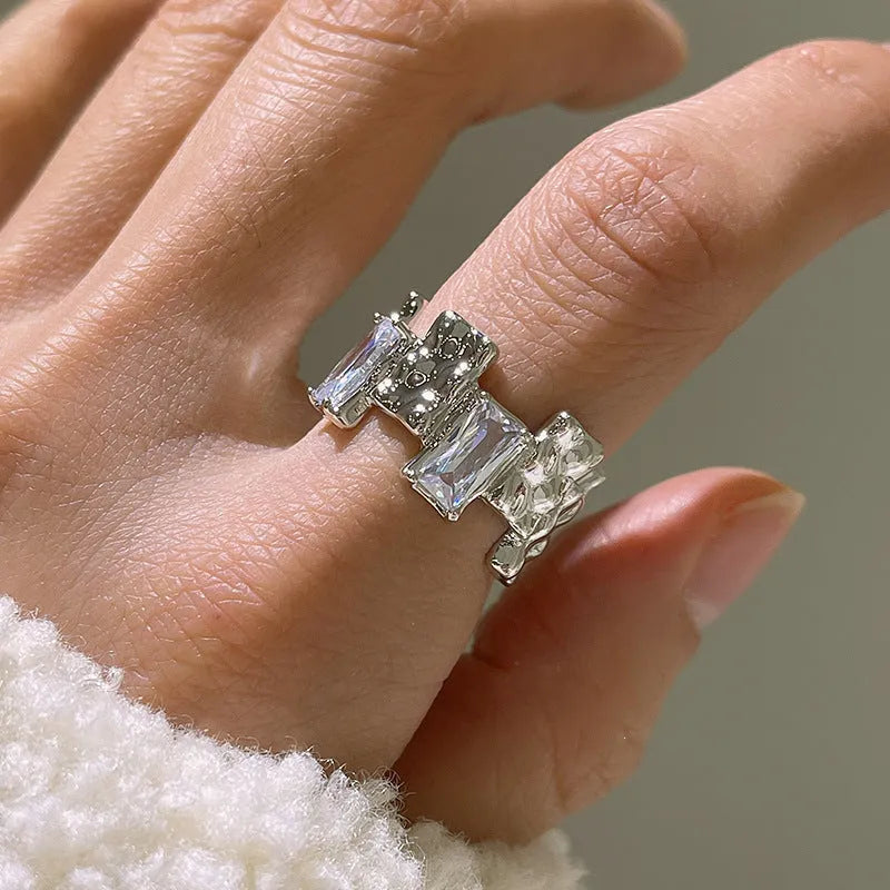 Silver open ring with cross zircon geometric design and three-dimensional decoration