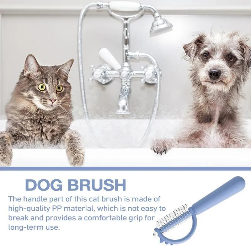 Blue dinosaur-shaped self-cleaning pet grooming brush with double-sided stainless steel pins on a white background.