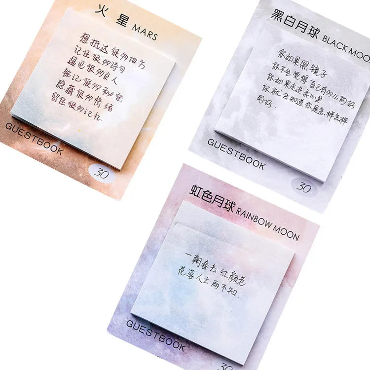 Square planet sticky notes notepad showing astronomical oil painting designs including various planetary imagery